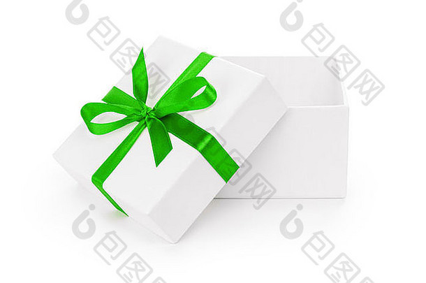 开放白色变形礼物盒子绿色丝带弓孤立的白色