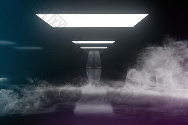 sci未来主义现代外星人摘要霓虹灯领导灯发光的蓝色的白色灯黑暗空反光隧道走廊烟雾呈现