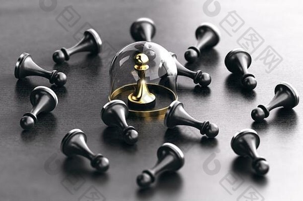 插图黑色的棋子下降地板上金受保护的玻璃圆顶个人保护保险概念