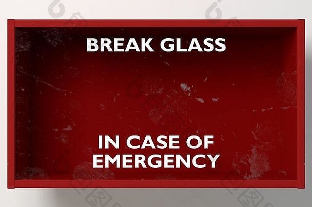 一个空的红色应急箱，在一个孤立的背景上，正面有一个应急易碎玻璃盒-3D渲染
