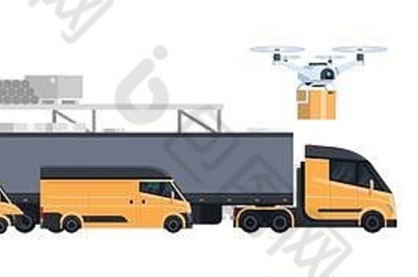 仓库交付，不同的卡车和卡车在集装箱上运输和运输概念横幅，带复印空间