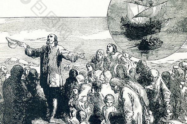 朝圣者的父亲们在普利茅斯登陆，并致谢。插图圆圈中是他们航行的船——五月花号。