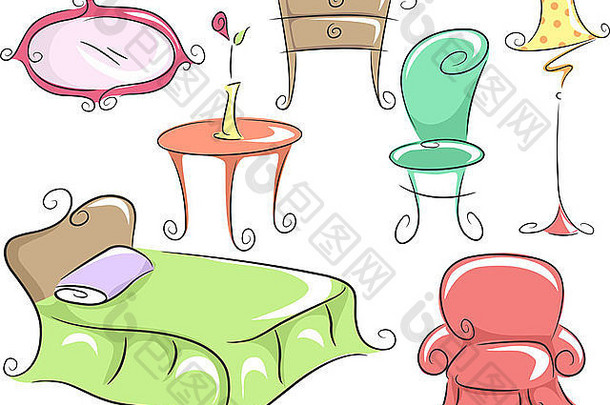 家庭家具插图，包括一张床、一张角桌、一把椅子、一个梳妆台、一个灯罩和一面镜子