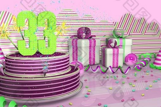 紫色圆形33岁生日蛋糕，在明亮的桌子上装饰着五颜六色的火花和粉色线条，上面有绿色的彩带、派对帽和带别针的礼盒