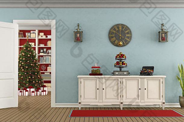 复古客厅，带餐具柜和开门，背景为圣诞树-3d渲染