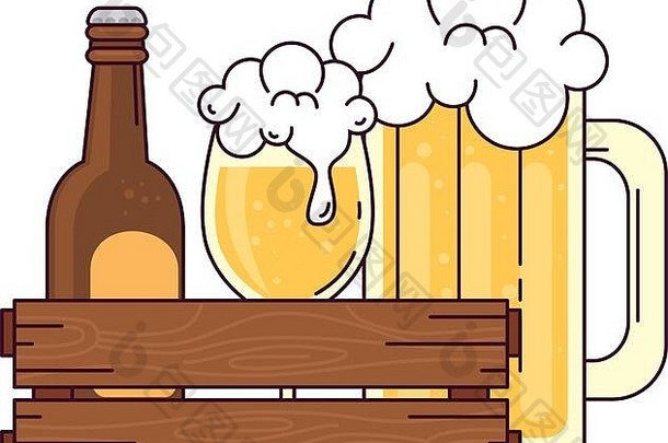 白底木箱装啤酒瓶和杯子