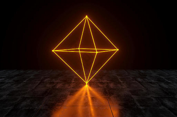 几何未来主义科幻霓虹灯原始棱镜灯在深色混凝土表面3D渲染插图