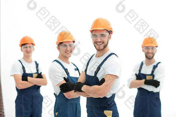 微笑的建筑工人队伍。