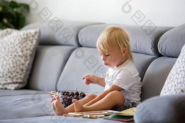 可爱的蹒跚学步的小男孩，坐在沙发上，吃着樱桃，看着<strong>画册</strong>，享受着健康的一餐