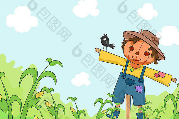 一个微笑的稻草人在玉米农场的插图