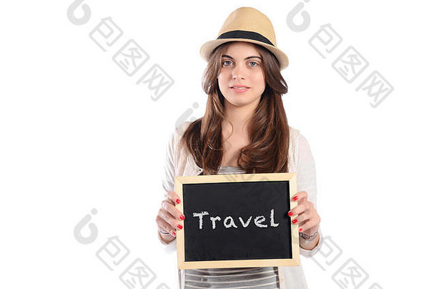 肖像拉丁女人持有黑板文本旅行旅行概念孤立的白色背景