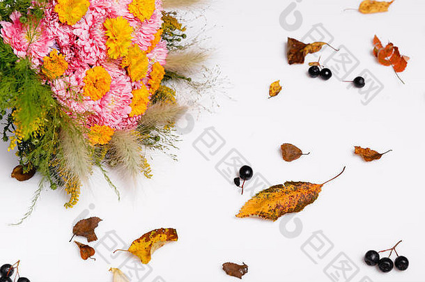 花束秋天花粉红色的黄色的水马齿秋天叶子草本植物柔和的粉红色的背景