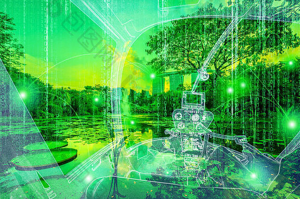 数字直升机驾驶舱内部在虚拟天际线上飞行，绿色矩阵天空和计算机生成的树丛数字树。数字旅游和虚拟现实的概念。