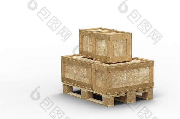 不同尺寸的运输箱直接堆放在白色背景的木质托盘上
