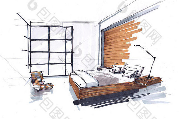 现代卧室的草图。落地窗，带枕头的大床。带灯的床头柜。棕色调。建筑设计。