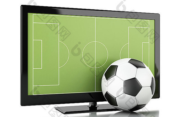 三维插图。带有足球场和足球的电视屏幕。体育概念。孤立白色背景