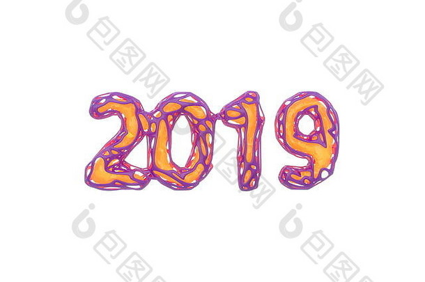“新年快乐”横幅上有2019个数字，由亮粉色金属线和橙色发光的低聚纤芯制成，内部隔离在白色背景上。抽象三维插图