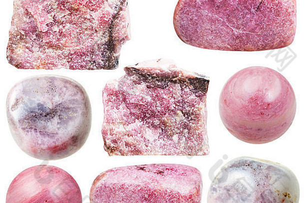 集自然矿物石头标本蔷薇辉石重挫宝石岩石孤立的白色背景