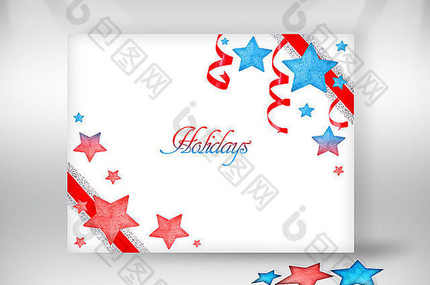 用红丝带和许多蓝红星包裹的节日快乐贺卡，纸质明信片，美丽的圣诞礼物，浪漫