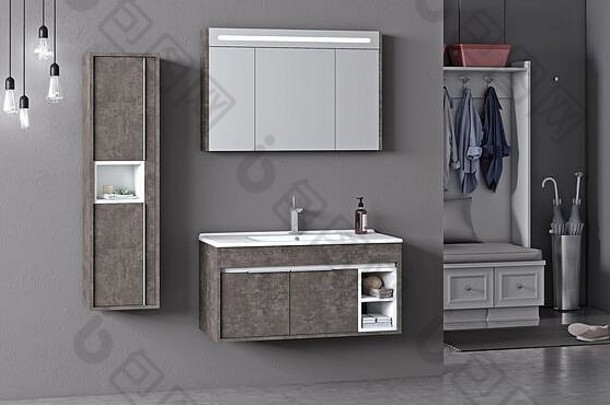现代浴室和浴室家具，配备浴室配件。三维渲染和设计。三维渲染