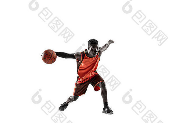 完整的长度肖像<strong>篮球</strong>球员球孤立的白色工作室背景广告概念适合非洲美国运动员跳球运动活动运动概念