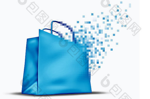 网上购物和电子商务概念，作为一种网上商店销售符号，带有一个购物袋，正在转化为数字像素，用于网络空间的网络商务。