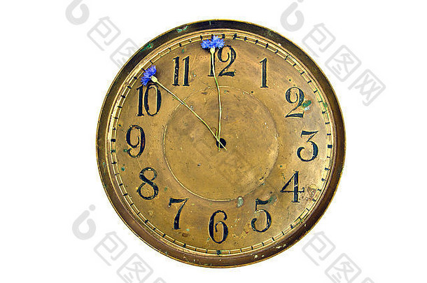 古董黄铜时钟刻度盘矢车菊箭头孤立的白色夏天时间概念