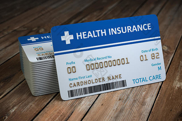 木质背景上的医疗保险卡。三维插图