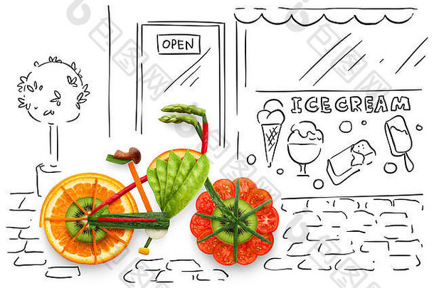 有创意的食物概念照片自行车使水果蔬菜停粗略的城市背景
