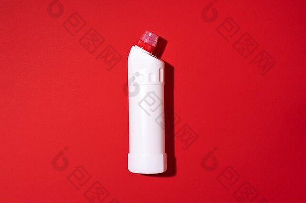 白色塑料瓶清洁产品家庭化学物质液体洗衣洗涤剂红色的背景前视图平躺复制空间洗涤剂瓶