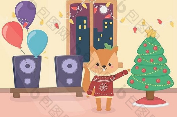 圣诞快乐，可爱的松鼠，毛衣，气球，喇叭，树灯装饰