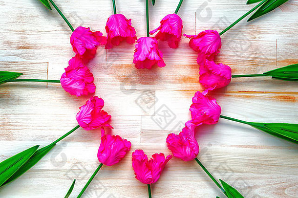 粉红色郁金香，在明亮的木质背景上形成心形