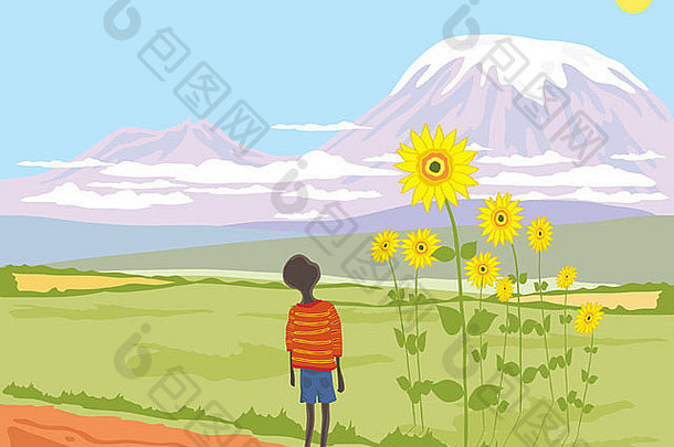 插图年轻的非洲男孩向日葵前面山乞力马扎罗