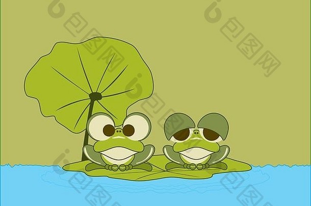 绿色青蛙休息莲花叶