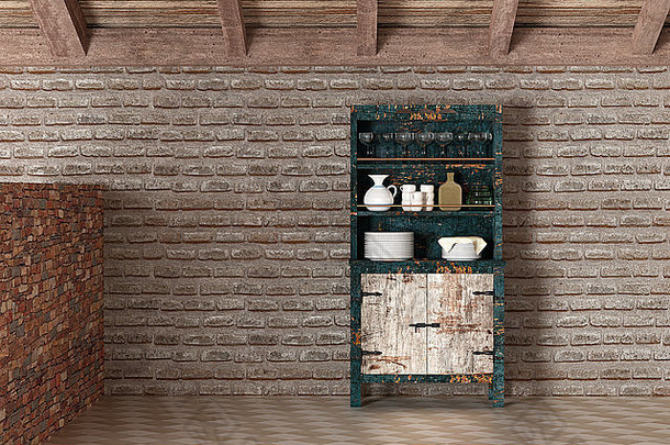 砖墙对空房子餐具柜的三维渲染