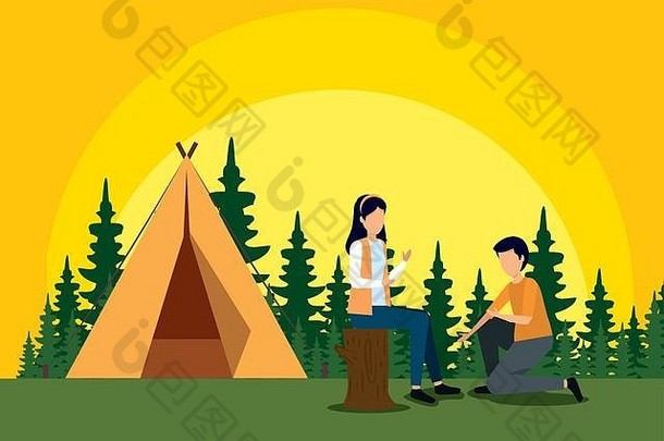 女人坐着树树干男人。营