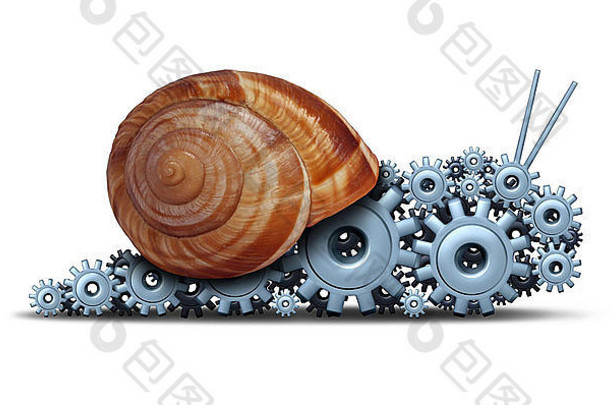 缓慢的商业概念是一只蜗牛，形状像一组齿轮和齿轮，是一个金融马达，比喻在白色背景下缓慢的进步、技术和创新的延迟或<strong>经济</strong>引擎的进步。