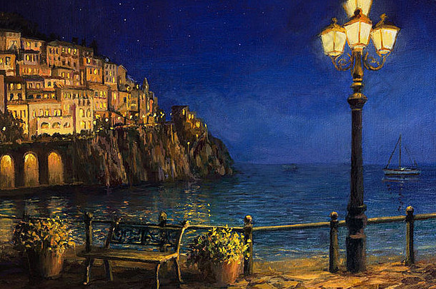 石油绘画帆布布满星星的浪漫的晚上海岸阿意大利宁静的夏天晚上场景