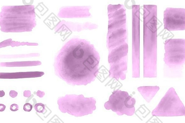 粉色水彩画在白色背景上为装饰设计元素设置污渍、涂抹、喷溅、形状、笔触。用于社交媒体图形内容。