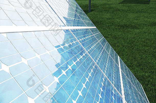 三维太阳能电池板插图。太阳能电池板从太阳中产生绿色、环保的能源。未来的能源概念。