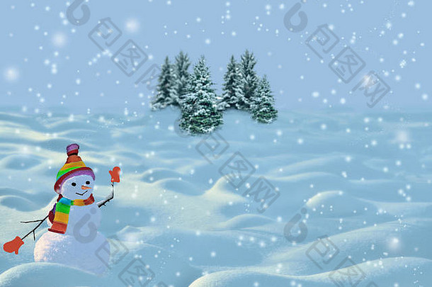 节日圣诞节一年背景快乐微笑雪人条纹针织明亮的他围巾红色的连指手套冬天景观snowd