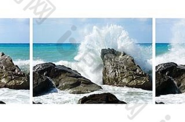 意大利卡拉布里亚192dpi的海浪动态拼贴三色照片。没有人。自然元素。白框。