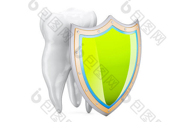 牙齿保护概念盾呈现孤立的白色背景