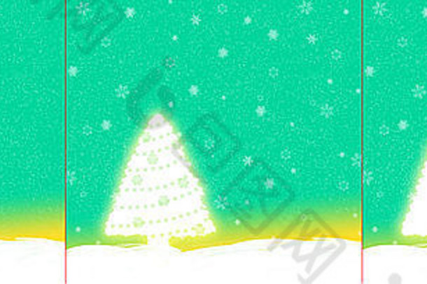 圣诞卡，绿色的天空布满星星和雪花，雪地上有一棵白色的冷杉树