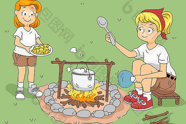 一个孩子帮助她的辅导员/营地领导做饭的插图