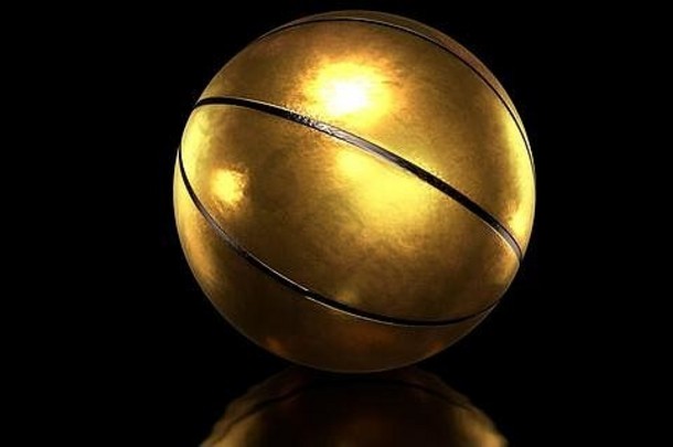 黑色背景上的金色篮球。三维渲染。