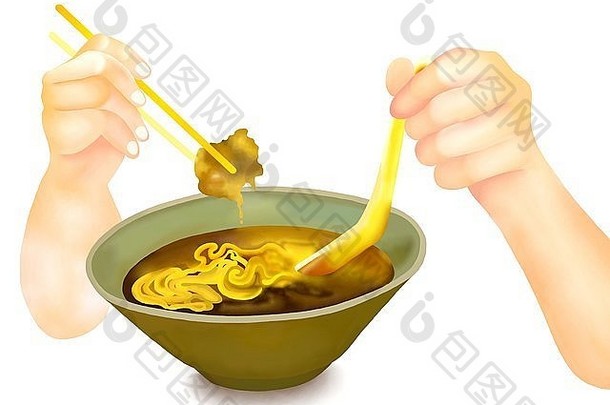 手画人持有筷子挑选切片猪肉热气腾腾的热碗亚洲面条汤