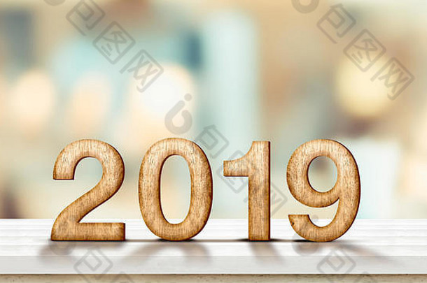 <strong>2019</strong>年新年快乐，大理石桌上有浅色柔软的bokeh墙，横幅用于展示或蒙太奇产品，用于<strong>节</strong>日<strong>促销</strong>和在线广告