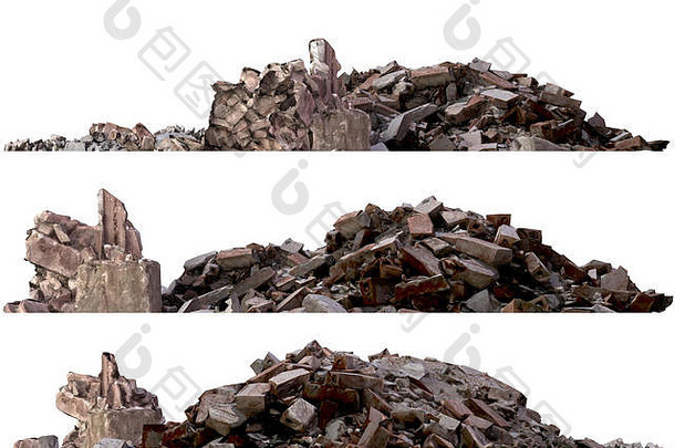 白色3d插图上隔离的碎石和碎片堆