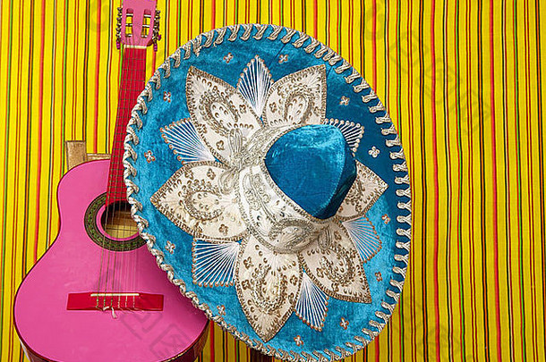 mariachi刺绣墨西哥帽粉色<strong>吉他</strong>条纹背景